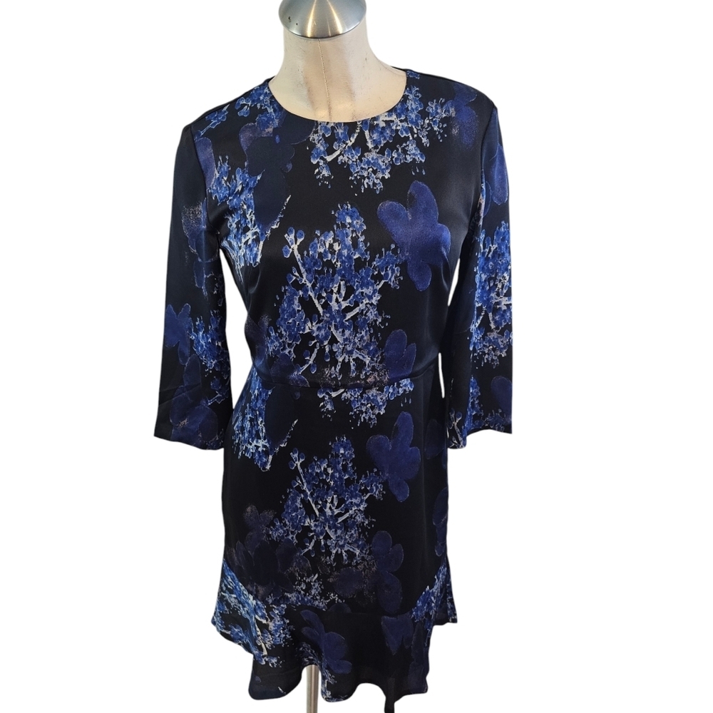 Banana Republic Dark Blue Floral 3/4 Sleeve Peplum Hem Midi Dress 0